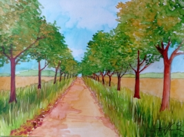 Birnenallee am Kermisdahl, Aquarell 42×30cm, 2022, Bild mit Rahmen 180€