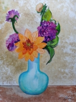Dahlien in Orange und Violett in der Vase, Aquarell 36×48cm, 2022, Bild mit Rahmen 200€