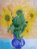 Großes Sonnenblumenbild mit blauer Vase, Aquarell 36×48cm, 2023, Bild mit Rahmen 200€