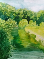 Landschaft am Kermisdahl (oben an der Brücke), Aquarell 30×42cm, 2023, Bild mit Rahmen 180€