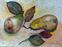 Letzte Birnen von der Birnenallee (Stilleben), Aquarell 29,7×21cm, 2023, Bild mit Rahmen 80€