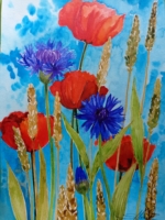 Mohn und Kornblumen im Roggenfeld, Aquarell 30×42cm, 2023, Bild mit Rahmen 200€