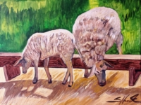 Schaf mit Lamm, Acryl auf Leinwand, 40×30cm, 2022, 150€