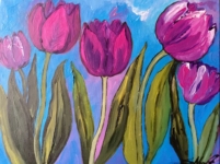 Tulpen in Violett, Acryl auf Leinwand, 60×50cm, 2023, 200€