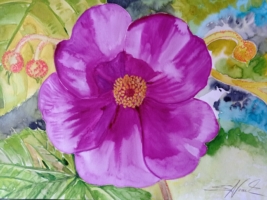 Violette Blüte am Wegesrand, Aquarell 42×30cm, 2022, Bild mit Rahmen 180€