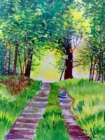 Waldweg mit Durchblick ins Helle, Reichswald, Aquarell 30×42cm, 2023, Bild mit Rahmen 180€