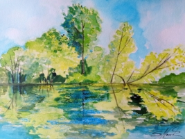 Wasserspiegelung am Kermisdahl, Aquarell 42×30cm, 2023, Bild mit Rahmen 125€